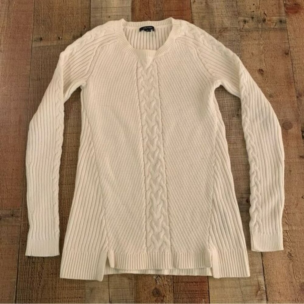 Nautica white cable knit long sleeve pullover sweater women’s small
